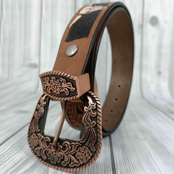 Western Floral Leather Belt For Men or Women, Embossed Tooled Full Grain Leather - Picture 2 of 12